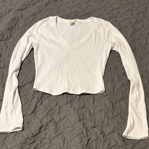 Women's White Ribbed Croppped Long Sleeve Top